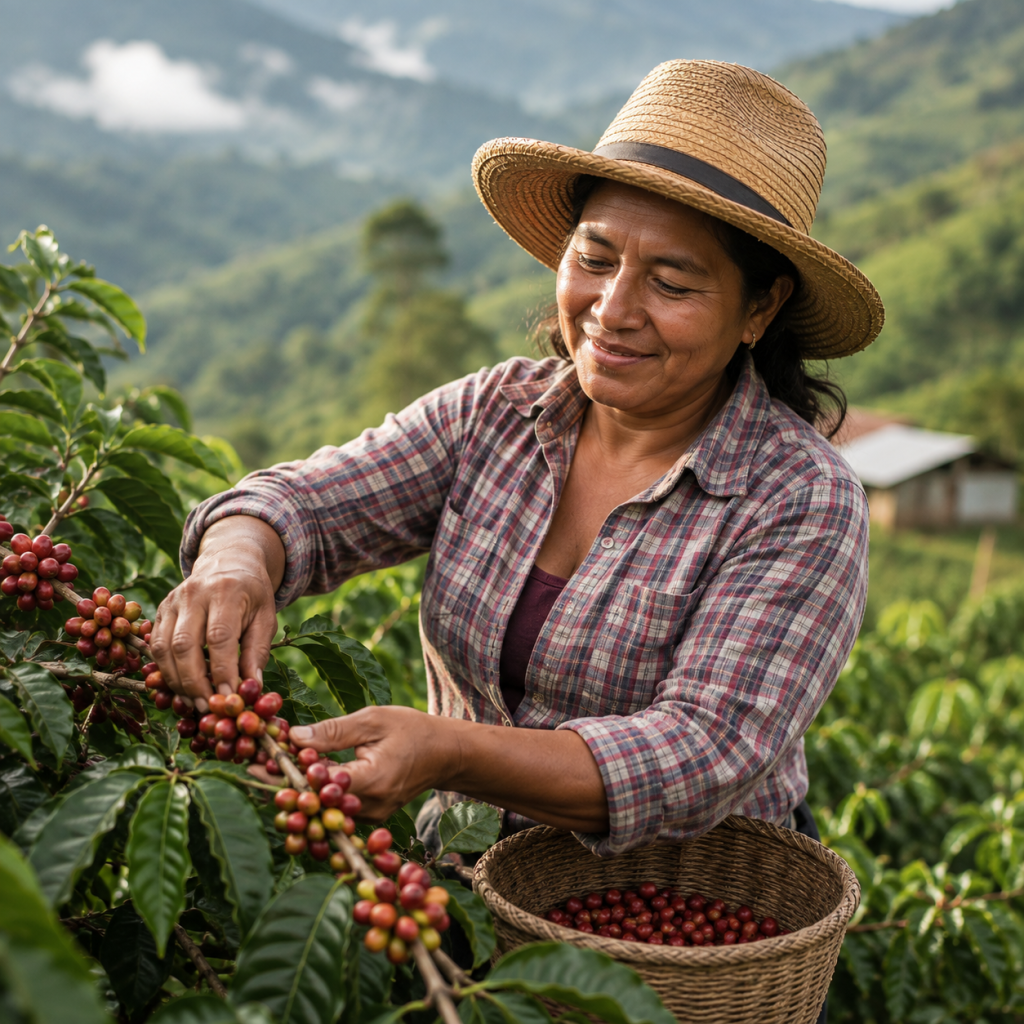 Coffee farmer harvesting ripe coffee cherries in a Fair Trade coffee supply chain