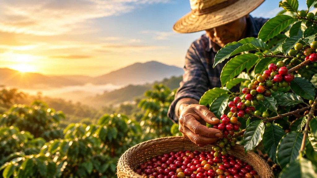 Coffee farmer harvesting ripe coffee cherries on a coffee farm.